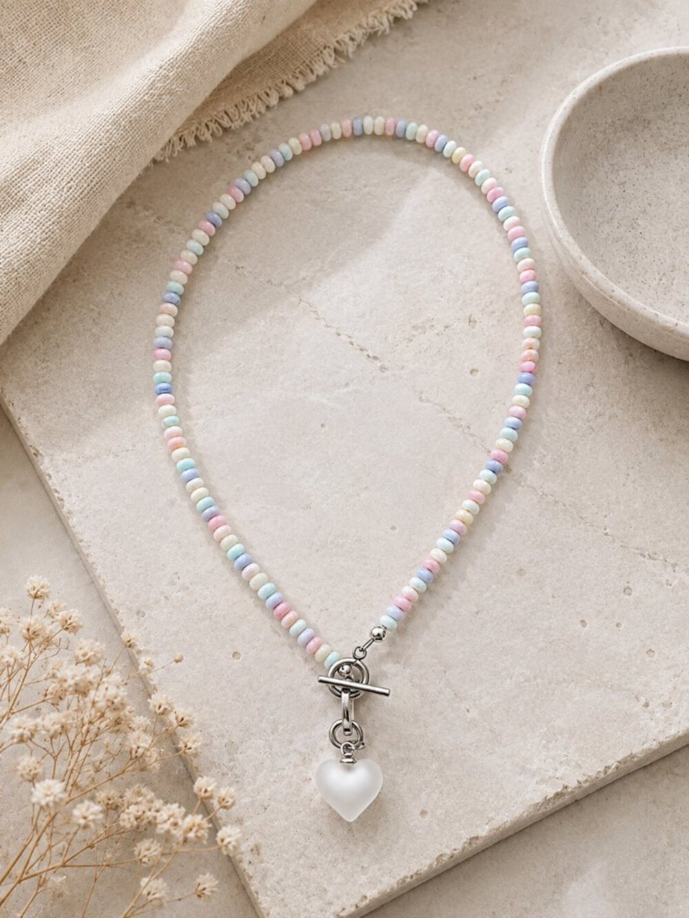 Blue Pink Mint and Cream Necklace with Removable Frosted Heart Charm